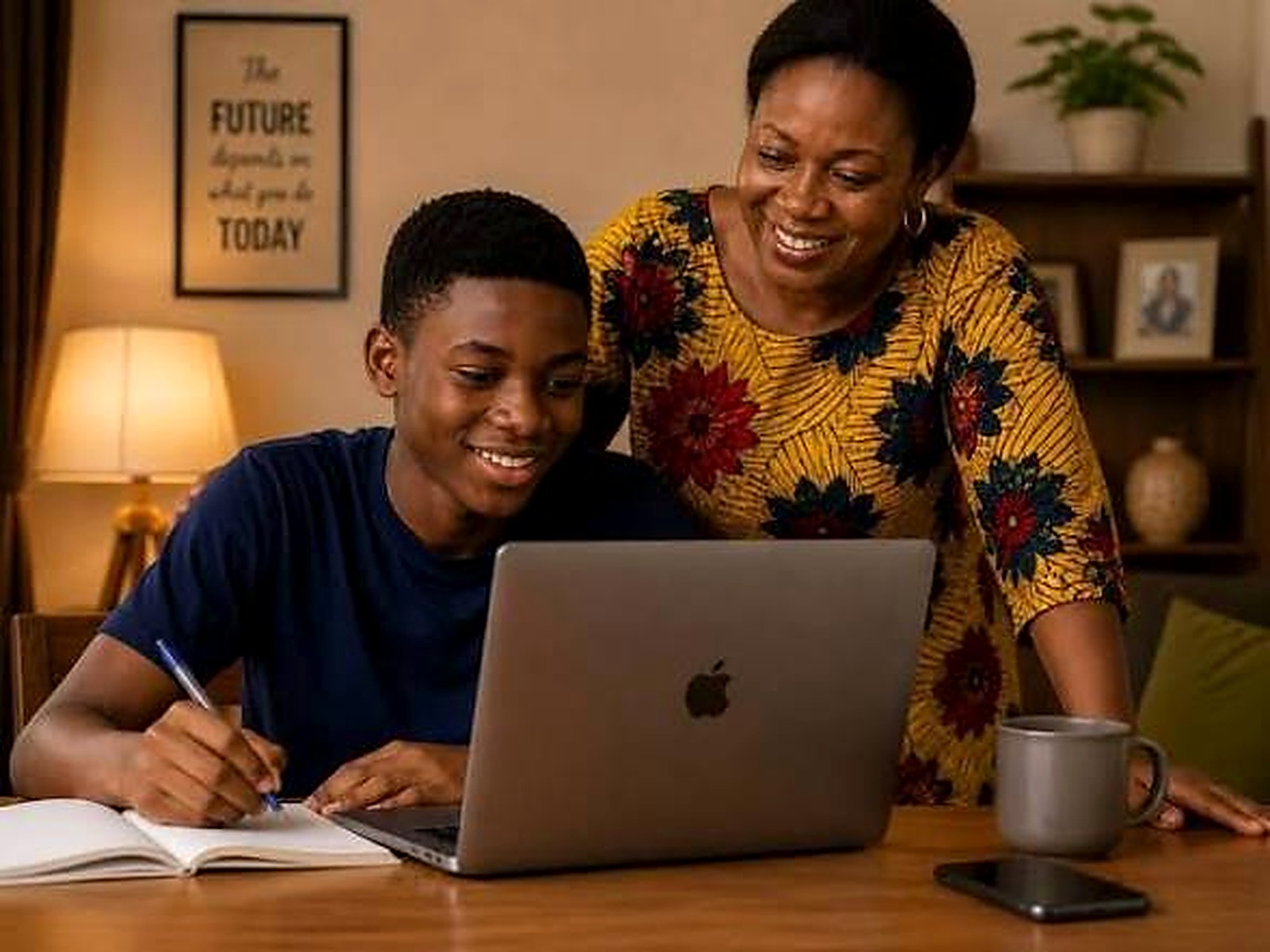 Nigerian mother in colourful African print sitting with her teenage son at a laptop
