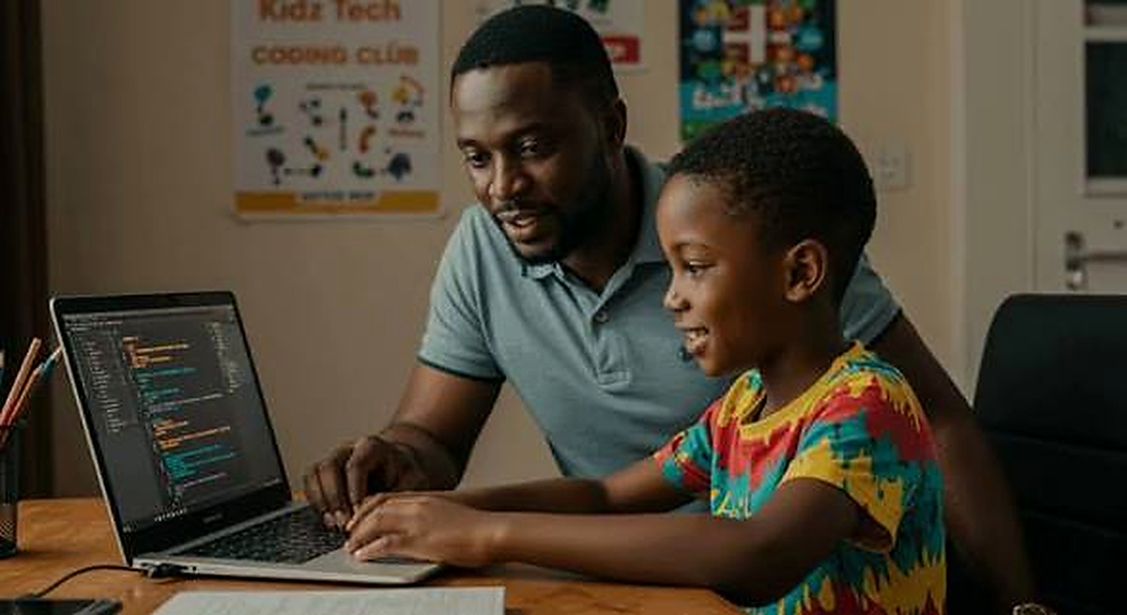 Father and son coding together on a computer, learning AI and technology